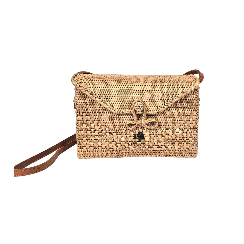 Handmade Rattan Rectangle Box Purse  Bag Tan Woven Leather Strap Bow Clasp